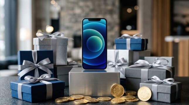 iPhone 12 surrounded by gift boxes and gold coins, symbolizing success and rewards.