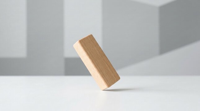 Single natural wood rectangular block balancing on its corner edge on a flat white surface against a minimalist gray geometric wall background in a brightly lit studio setting.