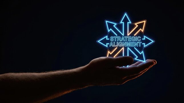 Human hand holding glowing strategic alignment sign symbolizing corporate direction