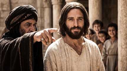Fototapeta premium Jesus Christ stands with a serene expression as an elderly Pharisee points an accusatory finger at him in the Temple court during a Biblical scene.