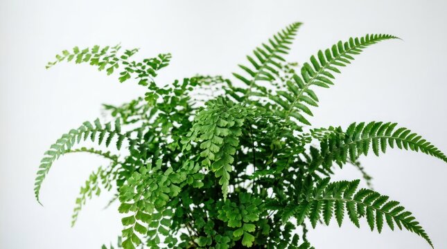 Lush Green Fern Plant with Delicate Fronds Against a White Background.