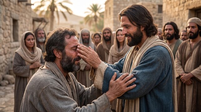 Jesus Christ touches the eyes of a weeping blind man kneeling before him in an ancient village street surrounded by onlookers in a Biblical miracle scene.