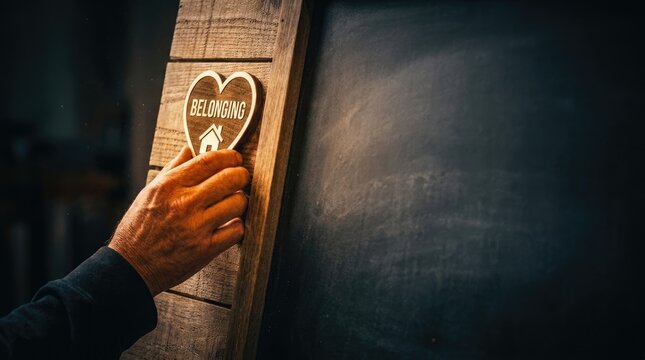 Person placing heart shaped belonging sign on wooden surface next to blank chalkboard background