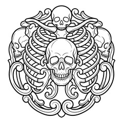 Obraz premium Human Skull with Rib Cage and Ornamental Bones, Gothic Skeleton Line Art Illustration, Coloring Pages on White Background