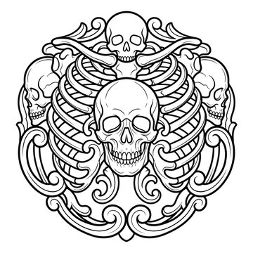 Human Skull with Rib Cage and Ornamental Bones, Gothic Skeleton Line Art Illustration, Coloring Pages on White Background