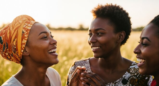 Joyful African women laughing together in sunny field, sharing happiness and friendship in warm sunlight. Laughter and connection among friends create an uplifting atmosphere.