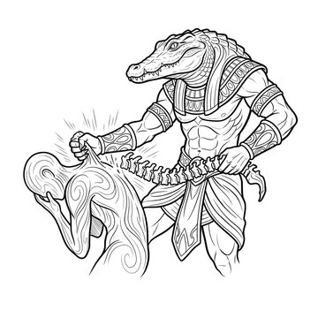Ancient Egyptian Crocodile God Sobek Holding Human Spine, Mythology Line Art Illustration, Coloring Pages on White Background