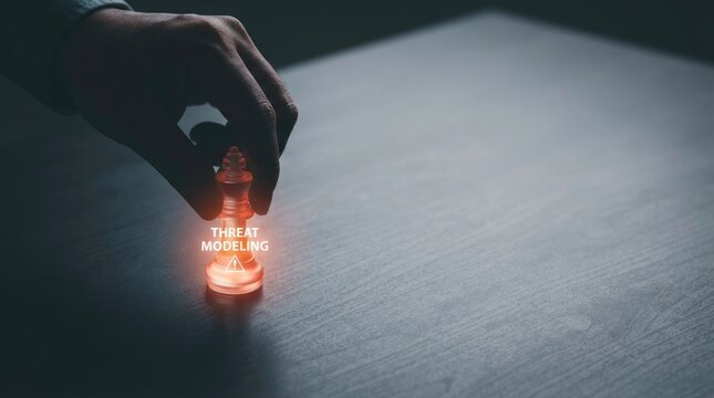 Strategic threat modeling concept represented by hand moving glowing chess king piece on surface