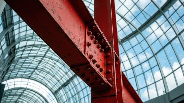 Modern Architecture with Red Steel Beam and Glass Ceiling.
