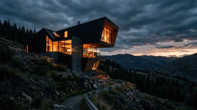 Modern Architectural Masterpiece Illuminated on a Mountainous Landscape at Dusk.