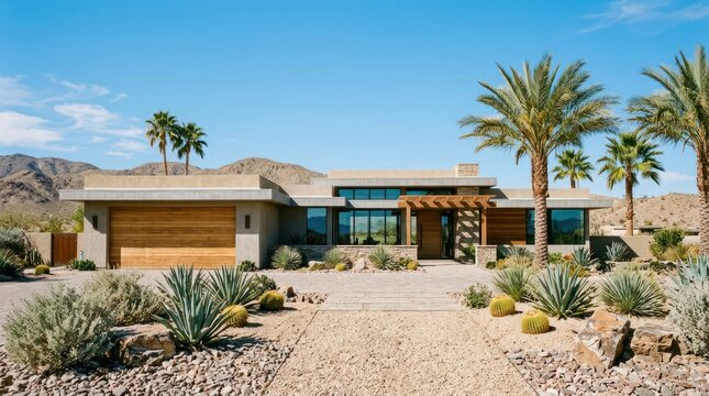 Modern Desert Home with Palm Trees and Mountain Backdrop.