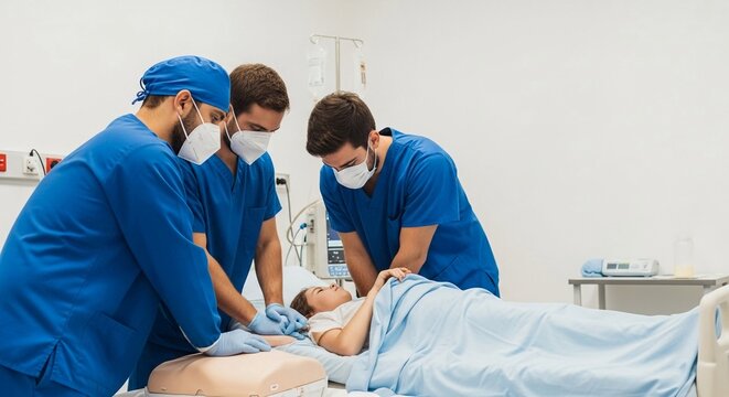 Medical emergency team performing synchronized resuscitation training on a patient mannequin in a simulated hospital environment