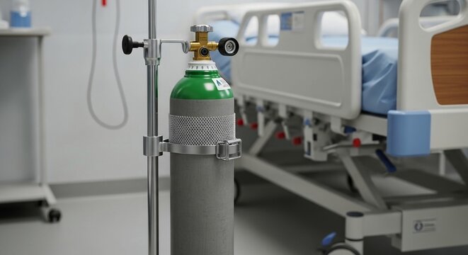 Medical oxygen cylinder connected to hospital equipment with a patient bed in the background