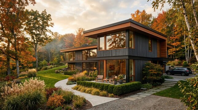 Modern Luxury Home Nestled Amidst Vibrant Autumn Foliage.