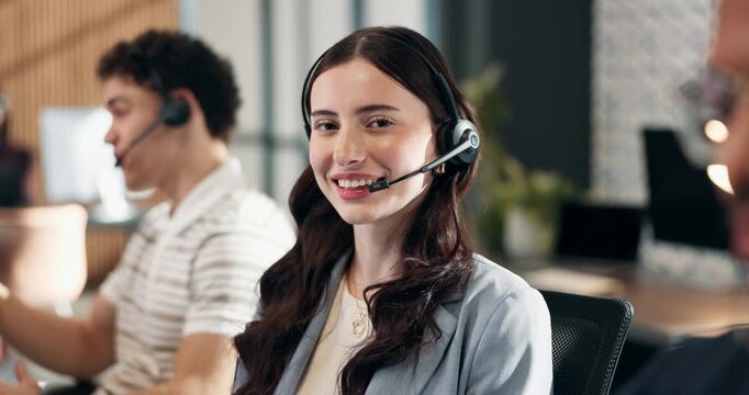 Call center, face and woman at help desk with smile for technical support, contact us and laughing. Headset, happy person and consultant for customer service, IT troubleshooting and coworking