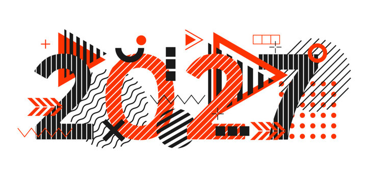 2027 inscription. Happy New Year . Christmas symbols 2027 . Background of geometric shapes. Vector illustration.