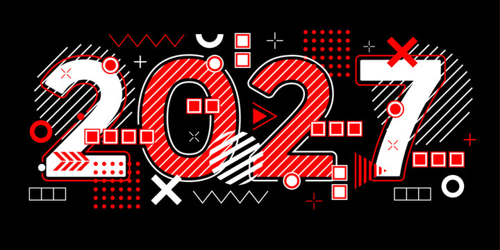 Happy New Year . 2027 inscription. Background of geometric shapes. Christmas symbols . Vector illustration.