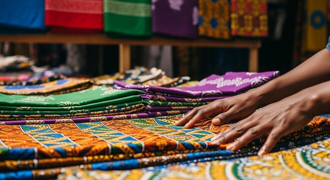 Colorful fabric stalls in African market with hands selecting vibrant textiles and patterns. African market showcases variety of unique fabrics and traditional designs appealing to visitors.