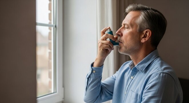 Middle-aged man using an asthma inhaler for respiratory relief near a window