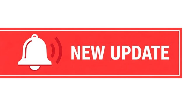 Red banner with a bell icon and the text new update isolated on white background
