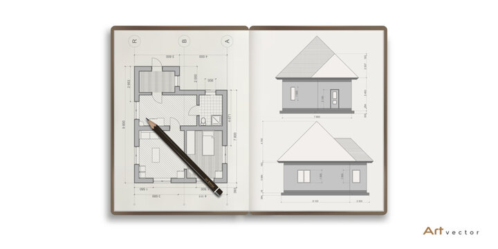 Architectural plan . Engineering textbook. House plan project . Vector illustration .