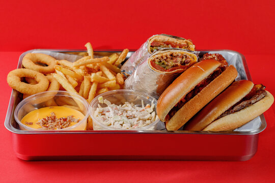American food set - burger, french fries, shawarma, chicken wings