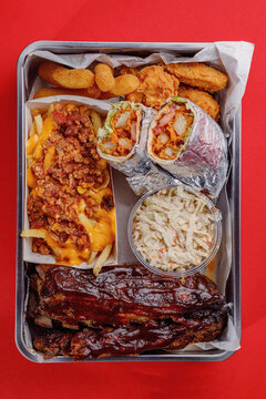 American cuisine close-up ribs, shawarma, cole slaw salad