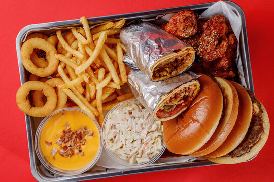 American food set- burger, french fries, shawarma, chicken wings