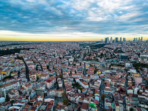 Aerial view of city at dusk