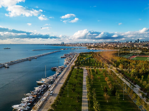 Aerial view of city marina and coastal park