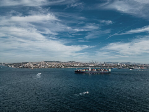 Container ship sailing on the Bosphorus strait