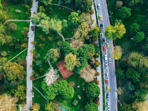 Aerial top down view of a city park beside a busy road