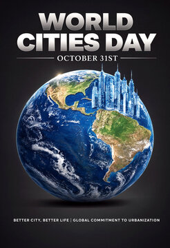World cities day celebration poster with skyscrapers on globe for urbanization and better life concept