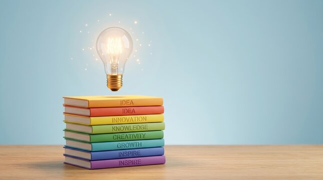 Stack of rainbow colored educational books with glowing lightbulb on table with colorful educational