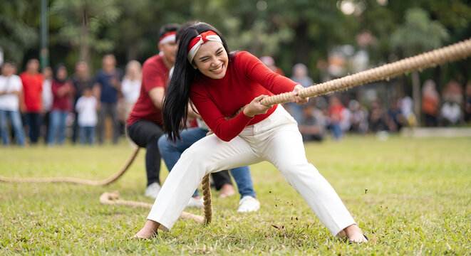 Enthusiastic young Asian woman pulling rope in a tug of war competition for Indonesian independence day celebration on the field