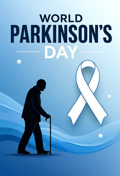 World parkinsons day awareness poster with ribbon and silhouette of elderly person walking