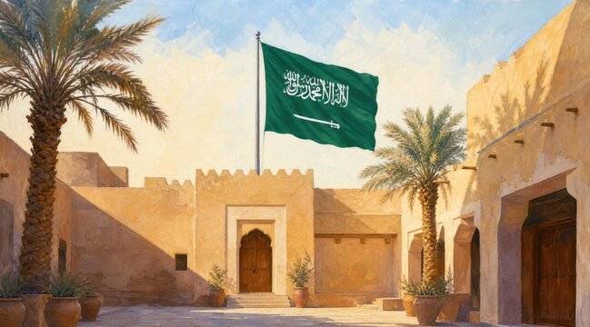 Saudi Arabian courtyard with flag and palm trees representing national pride