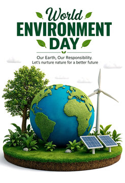 World environment day celebration with green earth solar panels and wind turbine illustration