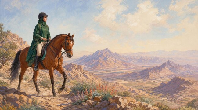 Woman riding a horse through desert landscape with mountains in the background