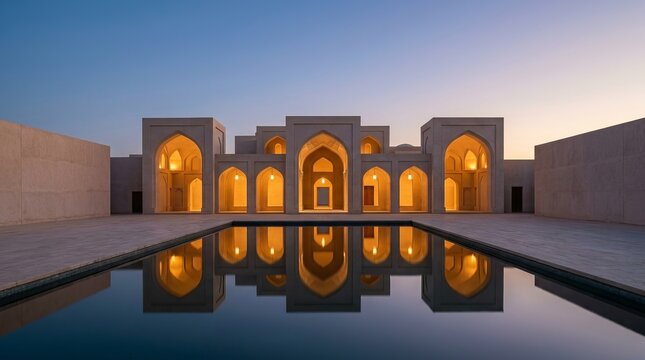 Symmetrical architectural facade with illuminated arches reflecting in a calm pool at sunset