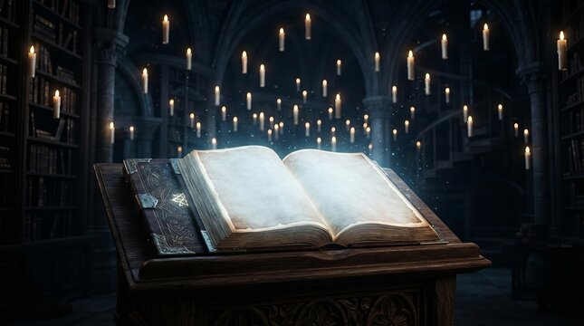 Open ancient tome resting upon wooden lectern amidst floating candles within dark library hallway