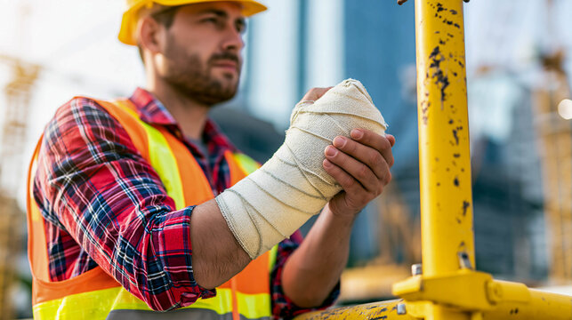A construction worker wearing an orange safety vest stands on a construction site with his arm completely bandaged. The concept of industrial accidents, insurance, and safety on a construction site.