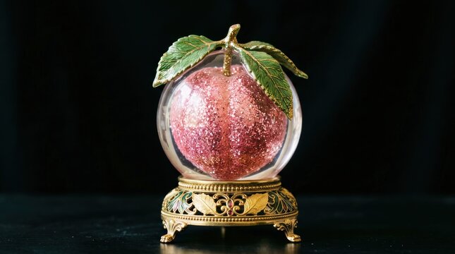 Ornate Vintage Glass Orb with Glittering Pink Interior on Decorative Stand.