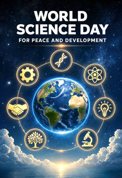 World science day for peace and development poster with earth and scientific icons illustration
