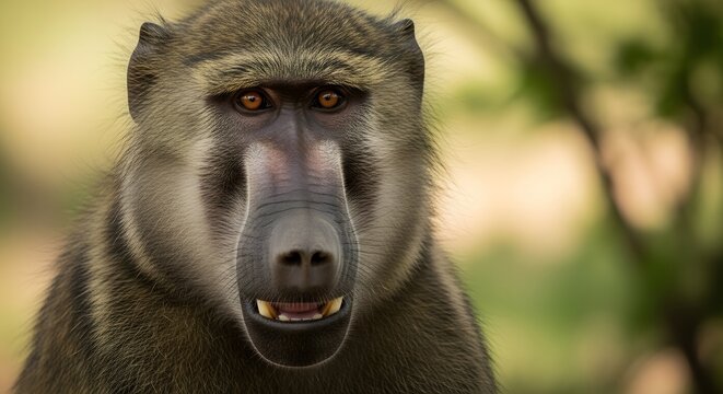 Close up portrait of a baboon showing detailed facial features and intense orange eyes with an open mouth revealing teeth in a natural outdoor environment with soft green foliage