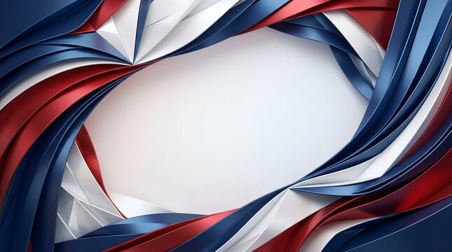 Abstract geometric frame featuring dynamic red white and blue wavy metallic ribbon design