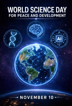World science day for peace and development poster with earth globe ai and dna icons celebration