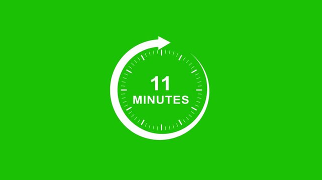 11 minutes timer countdown clock animation with green screen background, for easy chroma, key compositing and, editing projects