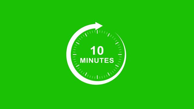 10 minute timer countdown clock animation on green screen, minimalist white circular progress indicator for presentations and productivity tracking