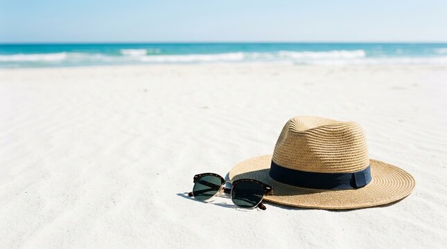 Straw hat and sunglasses resting on pristine white sand beach under clear blue summer sky